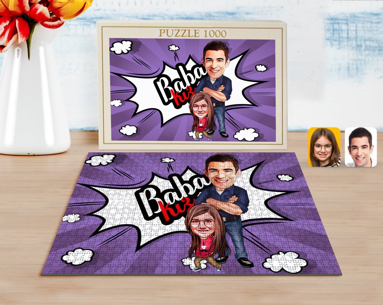 Kişiye Özel Baba Kız Karikatürlü 1000 Parça Profesyonel Puzzle-3
