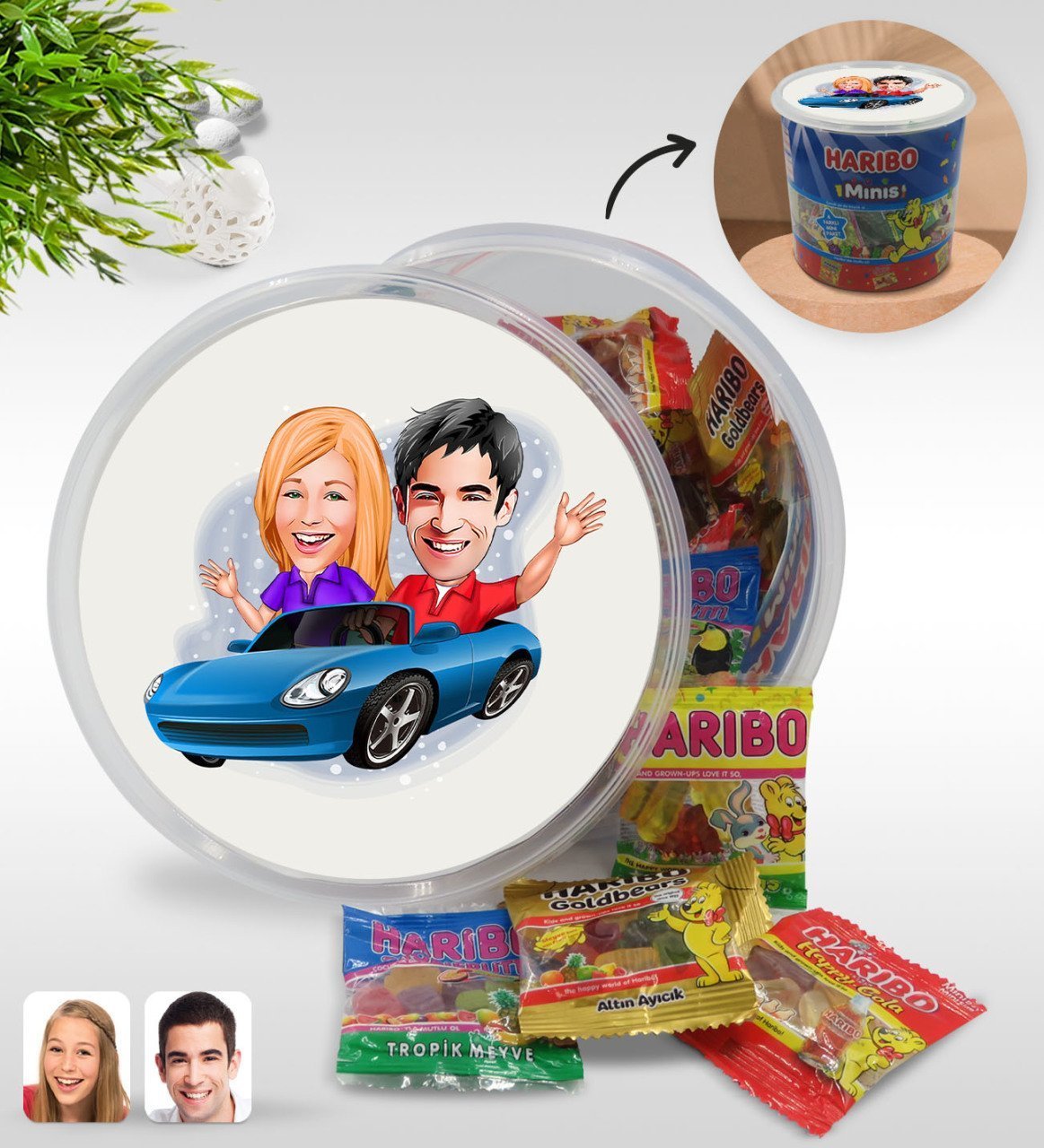Kişiye Özel Sevgililer Karikatürlü Dev Boy Haribo Minis Kovası (10gx100adet) Model 52