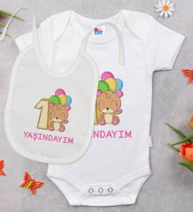 BK Kids 1 Yaşındayım Tasarımlı Beyaz Bebek Body Zıbın ve Mama Önlüğü Hediye Seti-1
