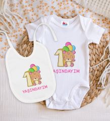 BK Kids 1 Yaşındayım Tasarımlı Beyaz Bebek Body Zıbın ve Mama Önlüğü Hediye Seti-1