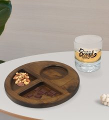 Kişiye Özel Sosyal İçici Tasarımlı Viski Bardağı ve Doğal Masif Ahşap Ceviz Yuvarlak Sunum Tabağı Çerezlik Hediye Seti-2