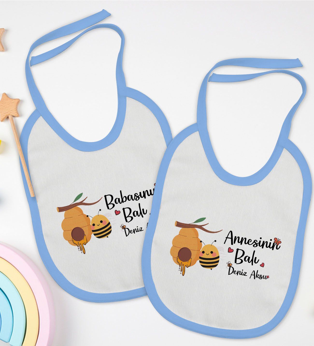 BK Kids Kişiye Özel Annesinin ve Babasının Balı Tasarımlı 2’li Mavi Mama Önlüğü-1