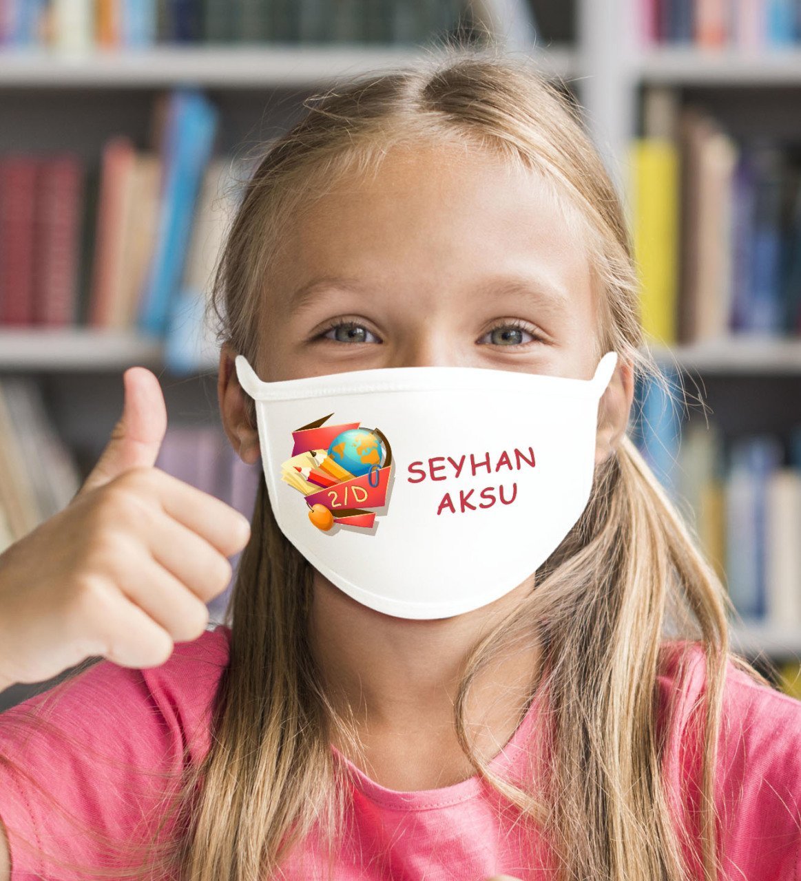 Çocuklara Özel İsimli Sınıflı Yıkanabilir Beyaz Okul Maskesi-1