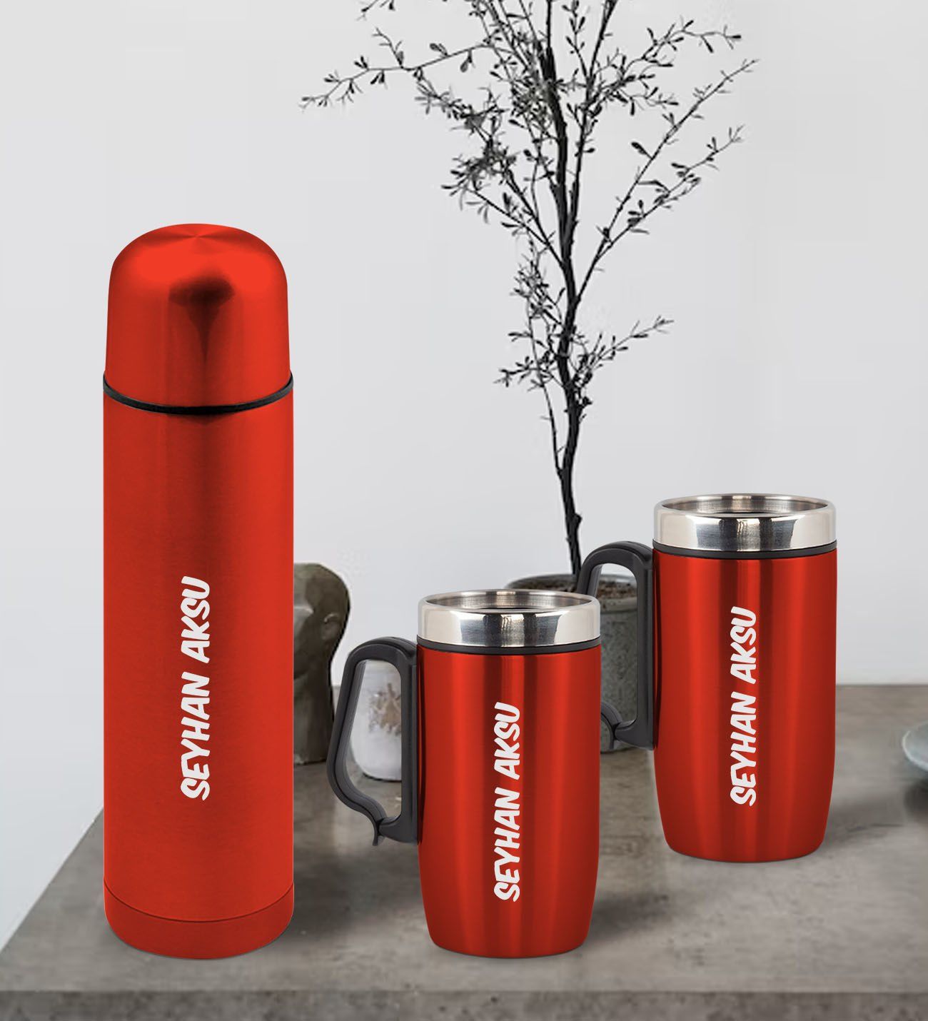 BK Gift Kişiye Özel Deri Çantalı Kırmızı Seyahat Termosu ve İkili Termos Mug Hediye Seti - 1