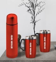 BK Gift Kişiye Özel Deri Çantalı Kırmızı Seyahat Termosu ve İkili Termos Mug Hediye Seti - 1