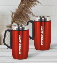 BK Gift Kişiye Özel Deri Çantalı Kırmızı Seyahat Termosu ve İkili Termos Mug Hediye Seti - 1