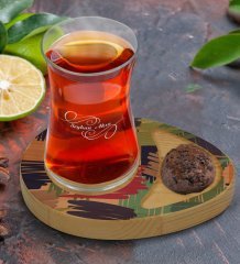 Kişiye Özel Modern Art Tasarımlı Doğal Ahşap Tabaklı Heybeli Çay Bardağı Sunum Seti Model 11