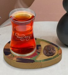 Kişiye Özel Modern Art Tasarımlı Doğal Ahşap Tabaklı Heybeli Çay Bardağı Sunum Seti Model 11