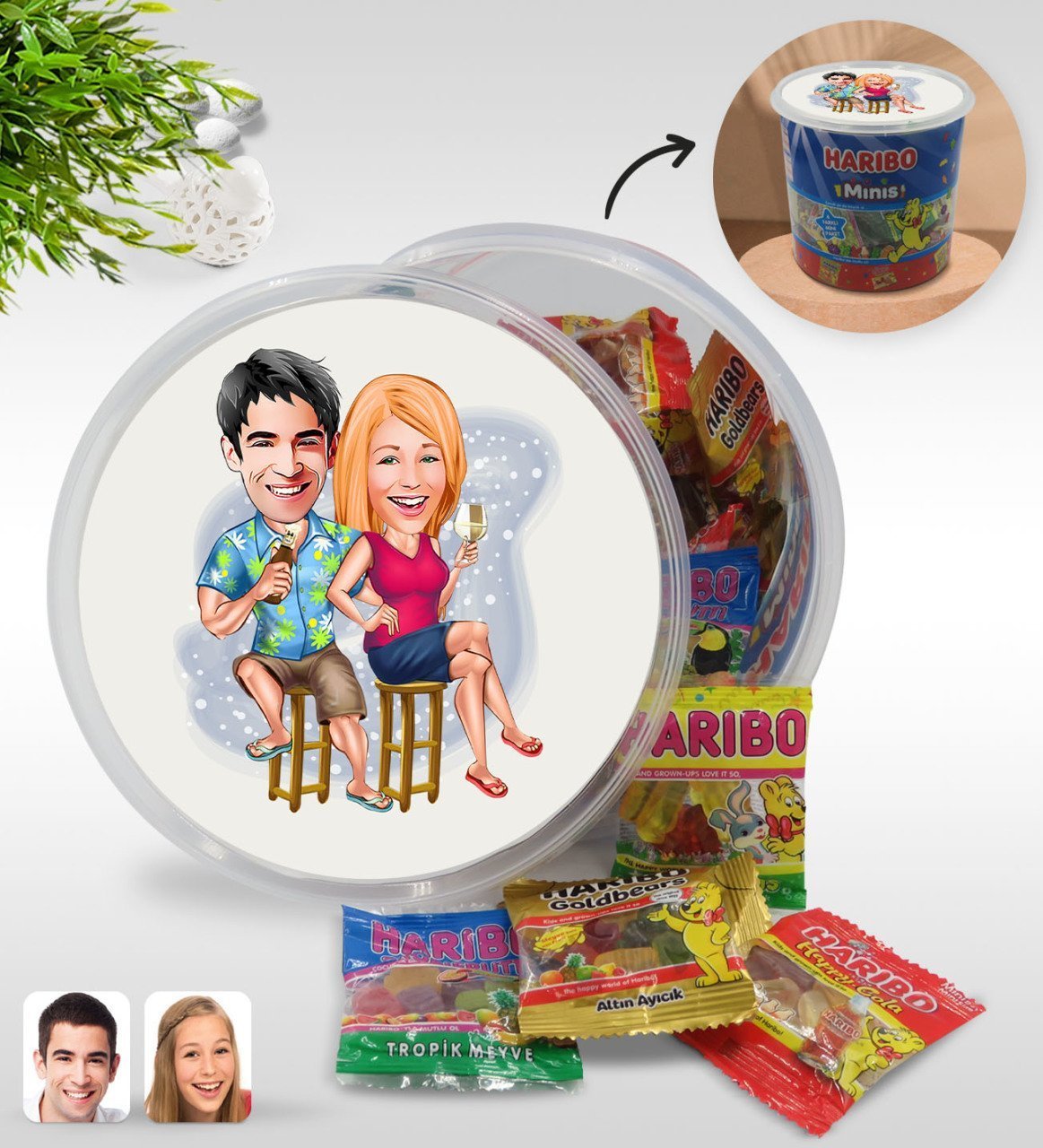 Kişiye Özel Sevgililer Karikatürlü Dev Boy Haribo Minis Kovası (10gx100adet) Model 51