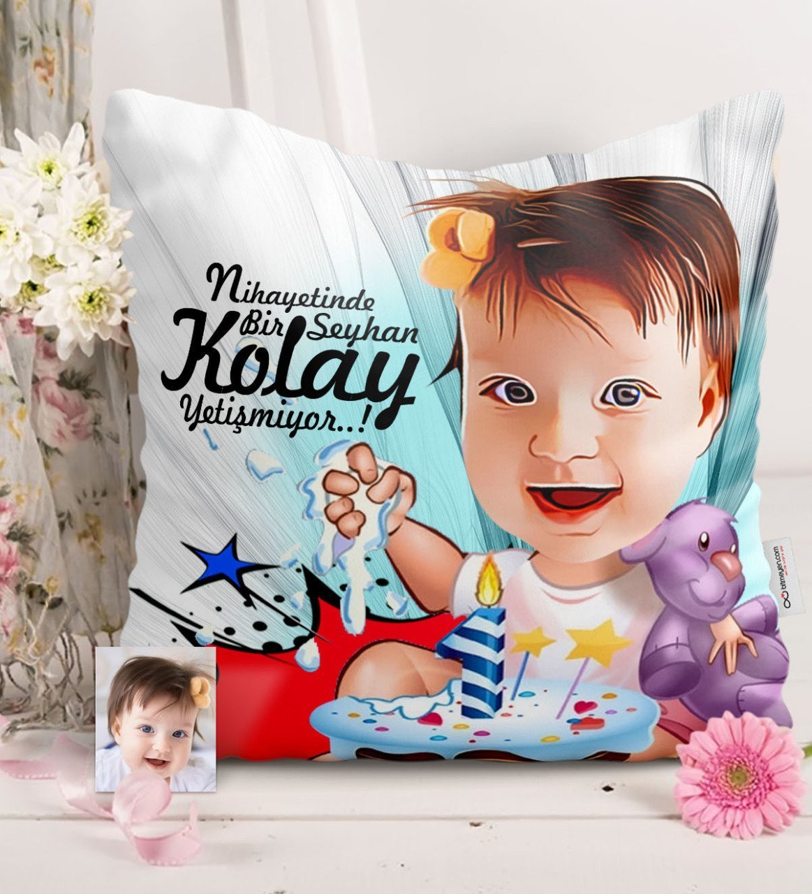 Kişiye Özel Bebek Doğum Günü Karikatürlü Saten Yastık - 2