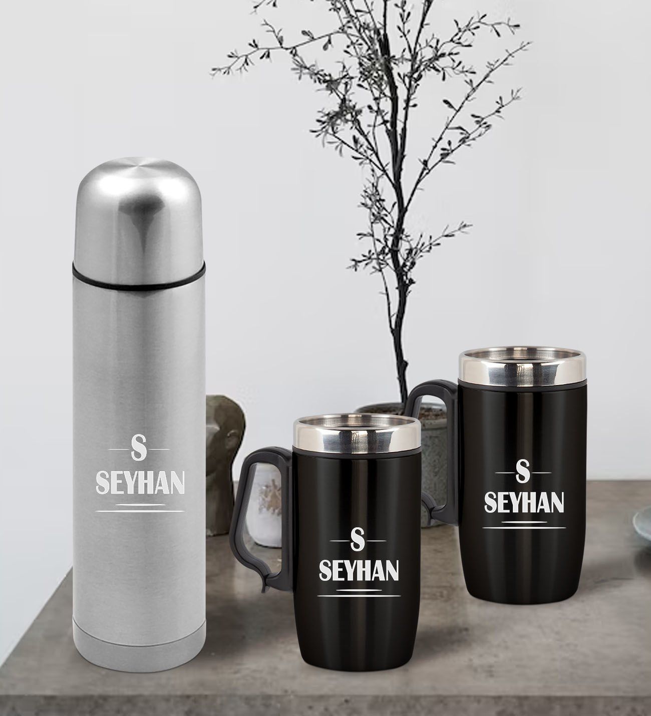 BK Gift Kişiye Özel Deri Çantalı Krom Seyahat Termosu ve İkili Termos Mug Hediye Seti - 7