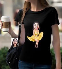 Kişiye Özel Marilyn Monroe Karikatürlü Siyah T-Shirt