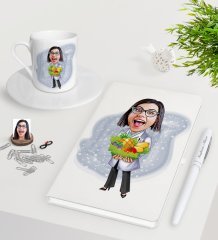Kişiye Özel Bayan Diyetisyen Karikatürlü Beyaz Defter Kalem Türk Kahvesi Fincanı Seti-1