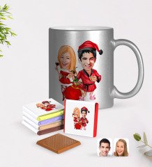 Kişiye Özel Yeni Yıl Sevgililer Karikatürlü Krom Kupa ve Çikolata Hediye Seti-5