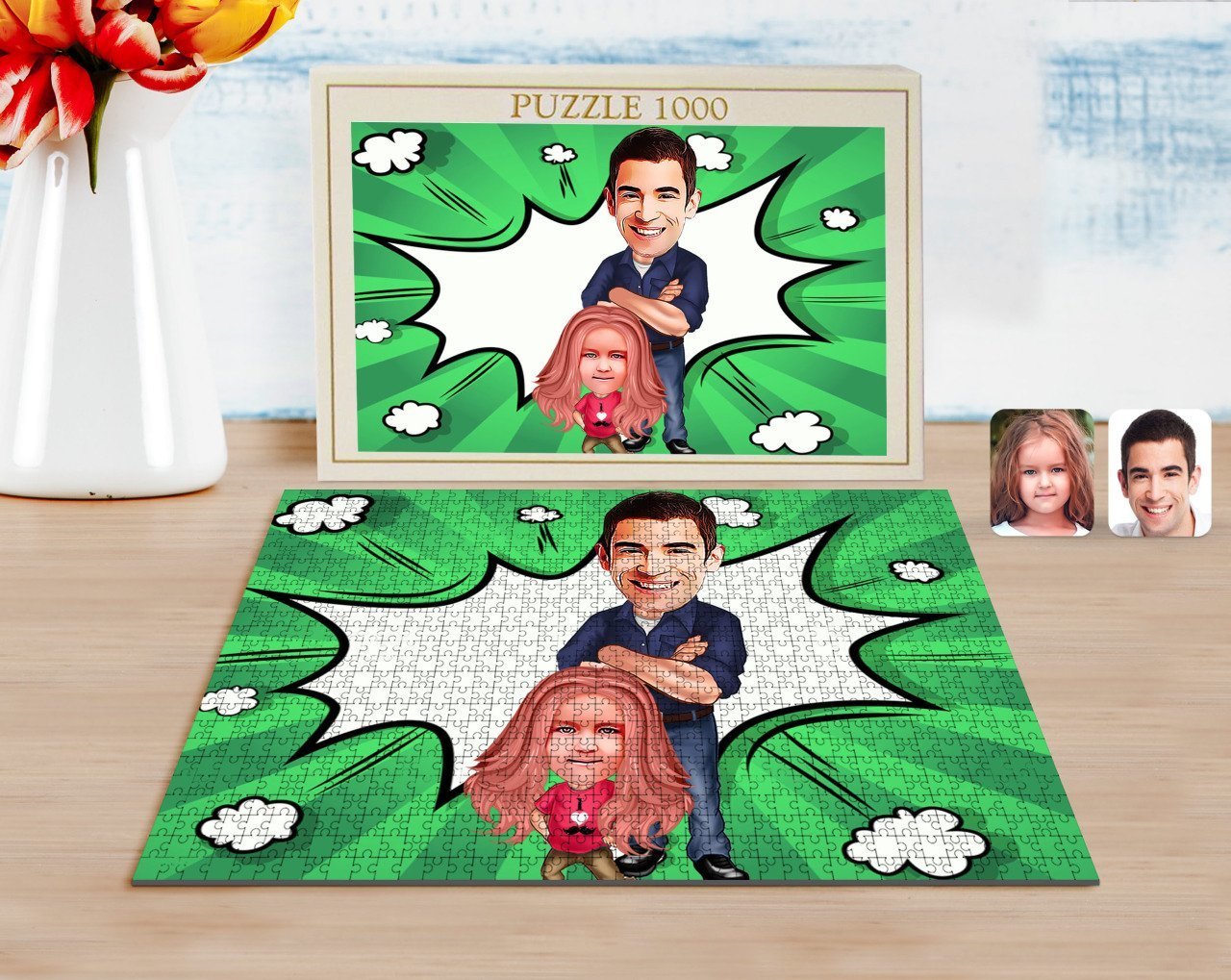 Kişiye Özel Baba Kız Karikatürlü 1000 Parça Profesyonel Puzzle-1