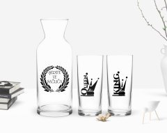 Kişiye Özel Renkli Baskılı King And Queen İkili Rakı Bardağı ve Karaf Hediye Seti-1