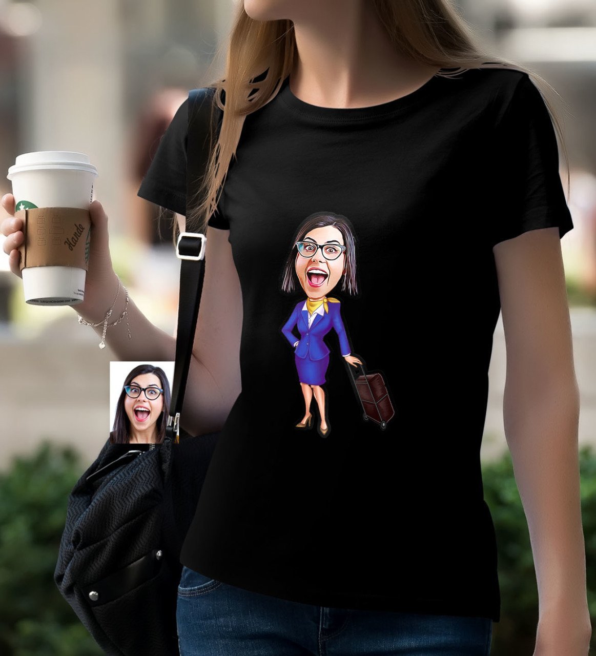 Kişiye Özel Hostes Karikatürlü Siyah T-Shirt-2