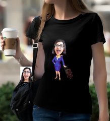Kişiye Özel Hostes Karikatürlü Siyah T-Shirt-2