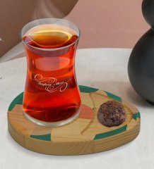 Kişiye Özel Modern Art Tasarımlı Doğal Ahşap Tabaklı Heybeli Çay Bardağı Sunum Seti Model 9