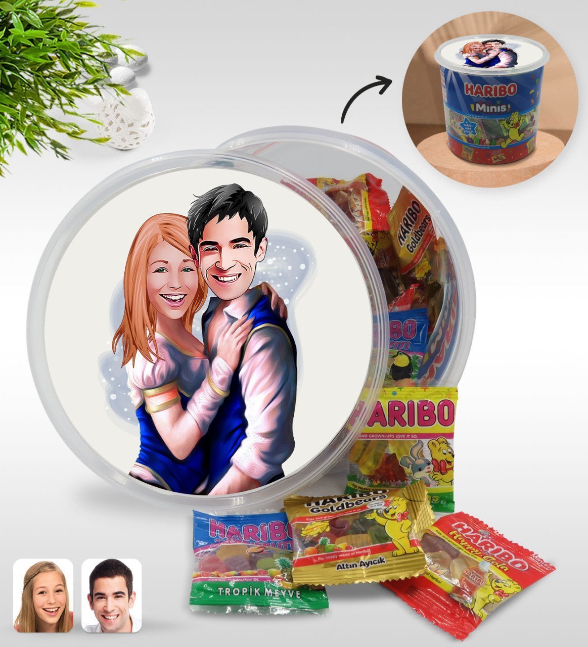 Kişiye Özel Sevgililer Karikatürlü Dev Boy Haribo Minis Kovası (10gx100adet) Model 36