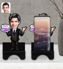 Kişiye Özel Erkek Doğum Günü Karikatürlü Ahşap Biblo Telefon Standı-2