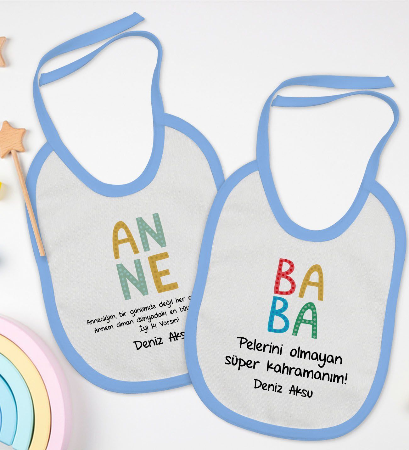 BK Kids Kişiye Özel Anne ve Baba Tasarımlı 2’li Mavi Mama Önlüğü-5