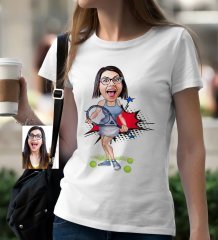 Kişiye Özel Bayan Tenis Oyuncusu Karikatür Beyaz Tişört - 1