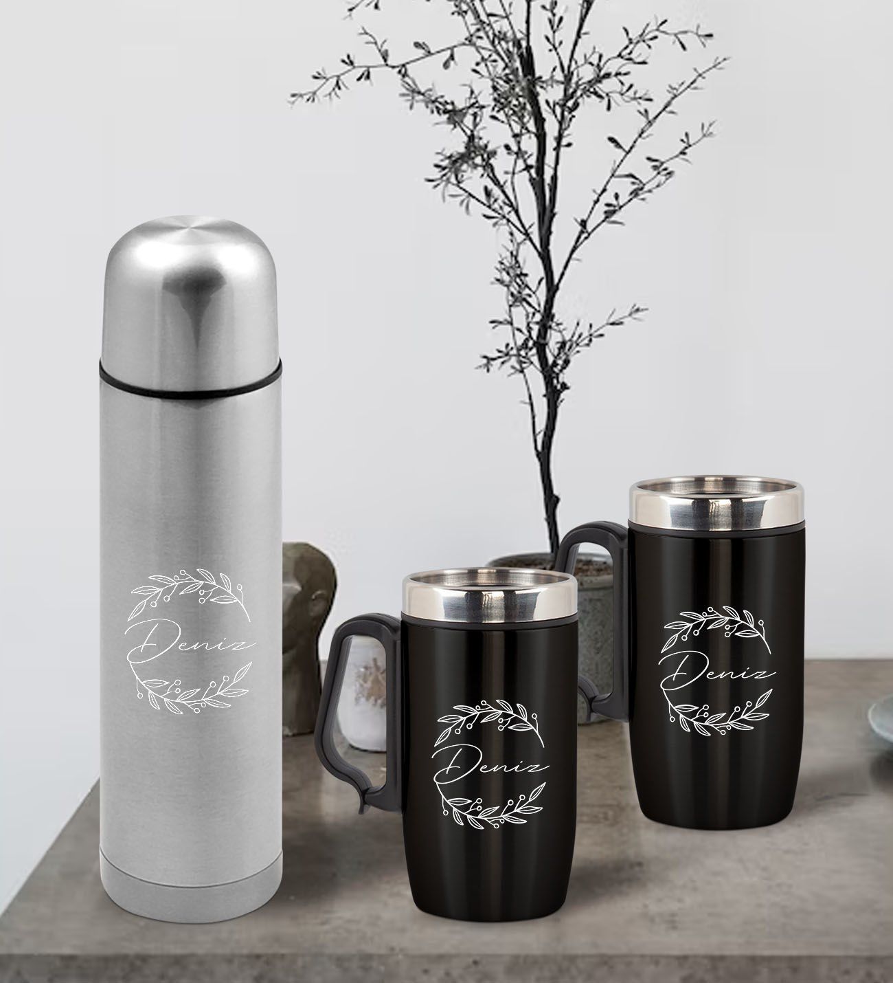 BK Gift Kişiye Özel Deri Çantalı Krom Seyahat Termosu ve İkili Termos Mug Hediye Seti - 5