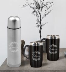 BK Gift Kişiye Özel Deri Çantalı Krom Seyahat Termosu ve İkili Termos Mug Hediye Seti - 5