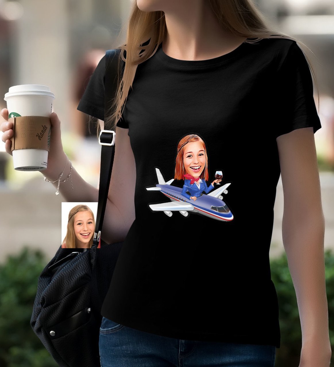 Kişiye Özel Hostes Karikatürlü Siyah T-Shirt-1