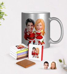 Kişiye Özel Yeni Yıl Sevgililer Karikatürlü Krom Kupa ve Çikolata Hediye Seti-3