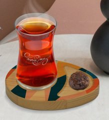 Kişiye Özel Modern Art Tasarımlı Doğal Ahşap Tabaklı Heybeli Çay Bardağı Sunum Seti Model 8