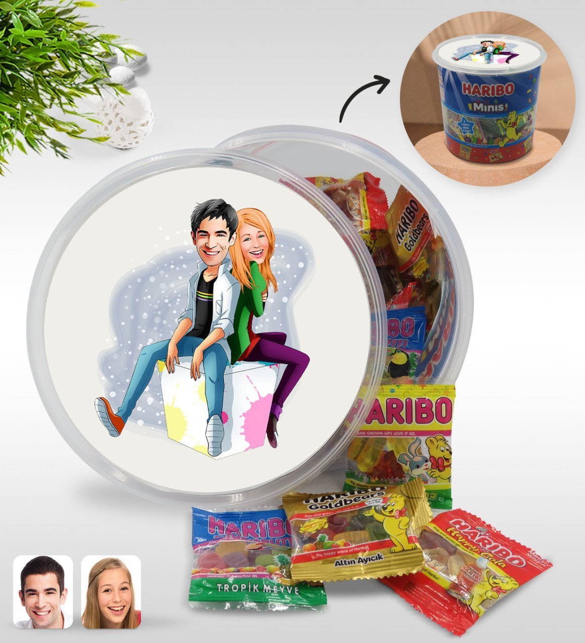 Kişiye Özel Sevgililer Karikatürlü Dev Boy Haribo Minis Kovası (10gx100adet) Model 35