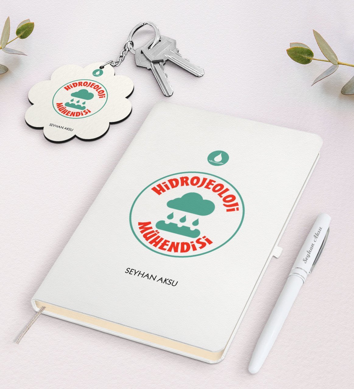 Kişiye Özel Hidrojeoloji Beyaz Defter Kalem Ve Anahtarlık Hediye Seti