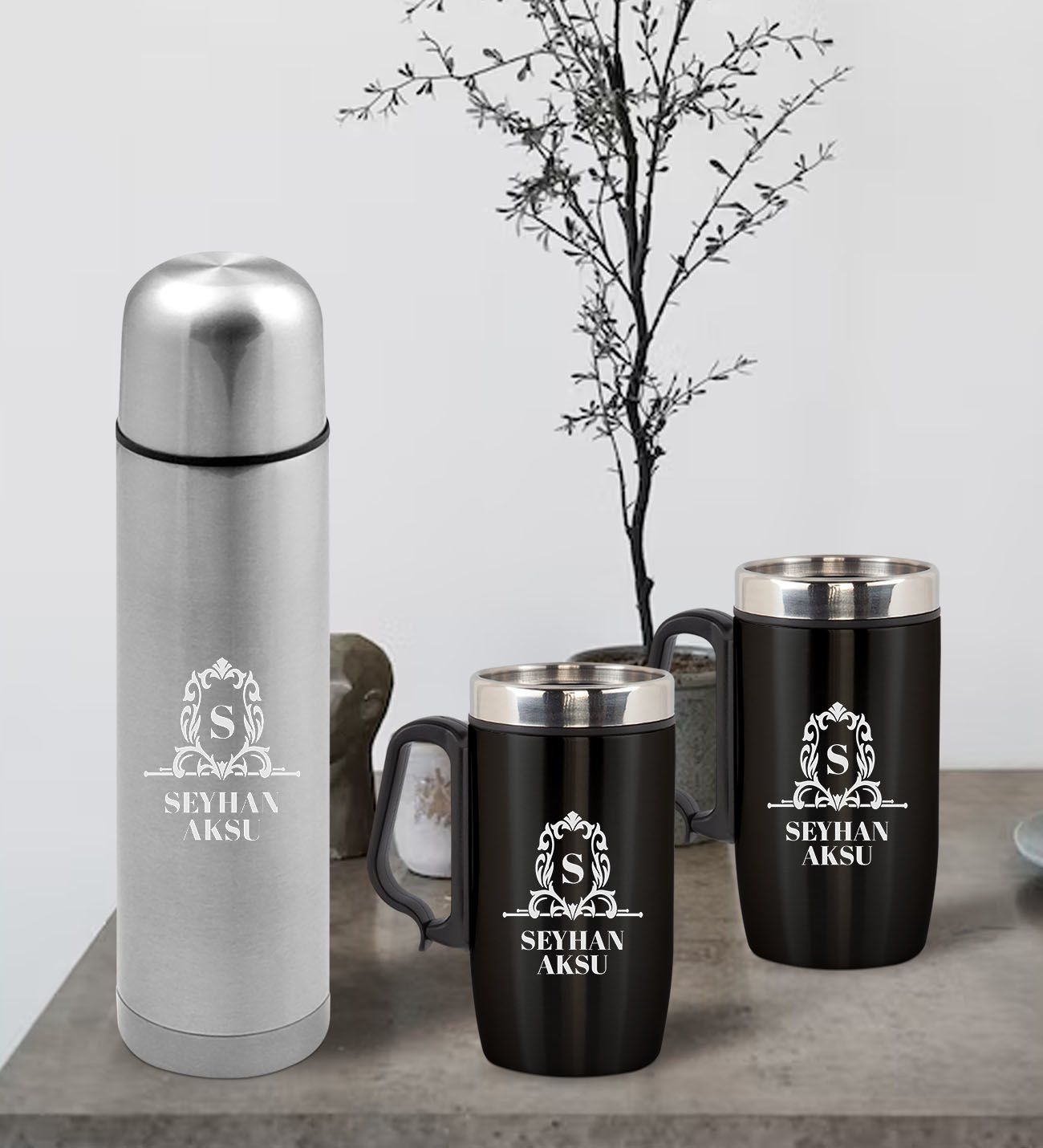 BK Gift Kişiye Özel Deri Çantalı Krom Seyahat Termosu ve İkili Termos Mug Hediye Seti - 4