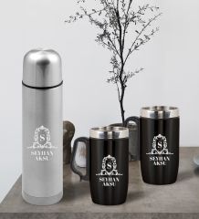 BK Gift Kişiye Özel Deri Çantalı Krom Seyahat Termosu ve İkili Termos Mug Hediye Seti - 4