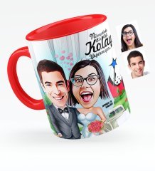 Kişiye Özel Evleniyoruz Karikatürlü Kırmızı Kupa Bardak - 1