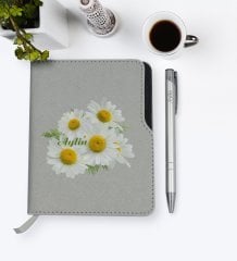 Kişiye Özel Papatya Temalı Gri Termo Deri Defter Kalem Seti-12