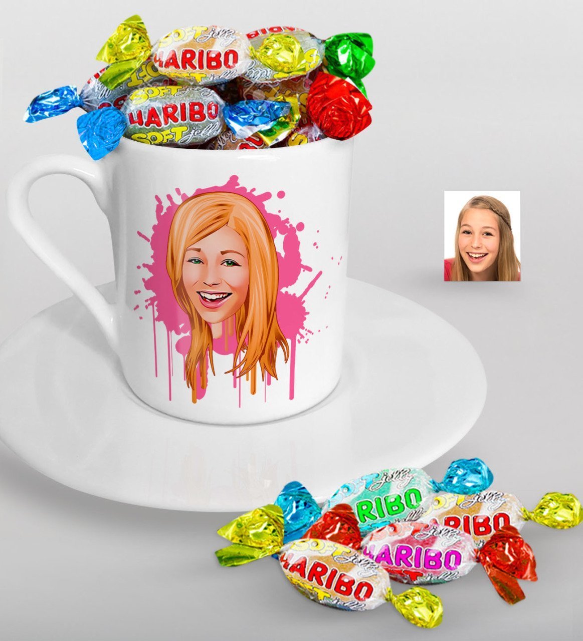 Kişiye Özel Kadın Karikatürlü Türk Kahvesi Fincanı ve Haribo Şeker Hediye Seti-31
