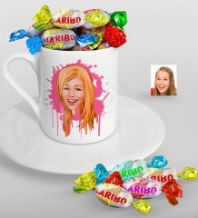 Kişiye Özel Kadın Karikatürlü Türk Kahvesi Fincanı ve Haribo Şeker Hediye Seti-31
