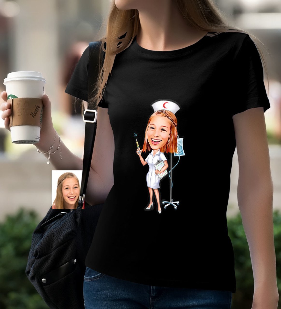 Kişiye Özel Hemşire Karikatürlü Siyah T-Shirt-2