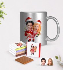 Kişiye Özel Yeni Yıl Sevgililer Karikatürlü Krom Kupa ve Çikolata Hediye Seti-2