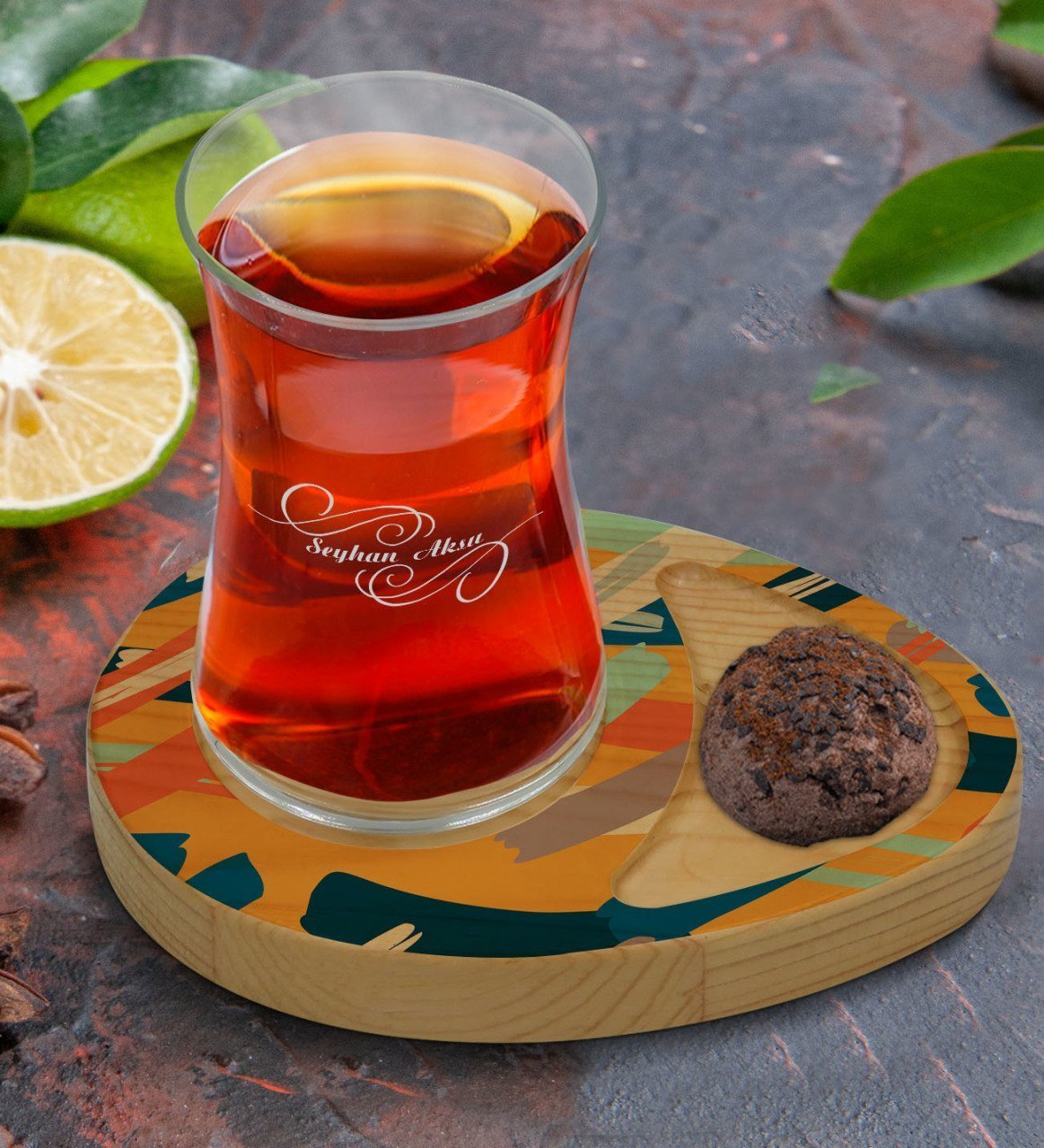 Kişiye Özel Modern Art Tasarımlı Doğal Ahşap Tabaklı Heybeli Çay Bardağı Sunum Seti Model 7