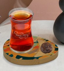 Kişiye Özel Modern Art Tasarımlı Doğal Ahşap Tabaklı Heybeli Çay Bardağı Sunum Seti Model 7