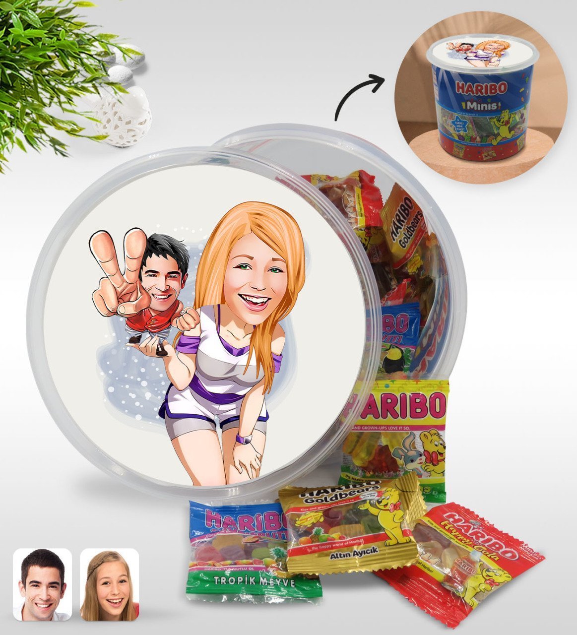 Kişiye Özel Sevgililer Karikatürlü Dev Boy Haribo Minis Kovası (10gx100adet) Model 30