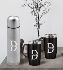 BK Gift Kişiye Özel Deri Çantalı Krom Seyahat Termosu ve İkili Termos Mug Hediye Seti - 3
