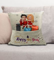 BK Gift Kişiye Özel Yılbaşı Karikatür Tasarımlı Organizer Kumanda ve Atıştırmalık Cepli Krem Kırlent Yastık- 3, Yılbaşı Hediyesi, Yeni Yıl Hediyeleri