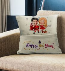 BK Gift Kişiye Özel Yılbaşı Karikatür Tasarımlı Organizer Kumanda ve Atıştırmalık Cepli Krem Kırlent Yastık- 3, Yılbaşı Hediyesi, Yeni Yıl Hediyeleri
