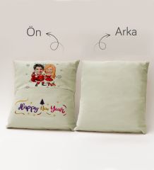 BK Gift Kişiye Özel Yılbaşı Karikatür Tasarımlı Organizer Kumanda ve Atıştırmalık Cepli Krem Kırlent Yastık- 3, Yılbaşı Hediyesi, Yeni Yıl Hediyeleri