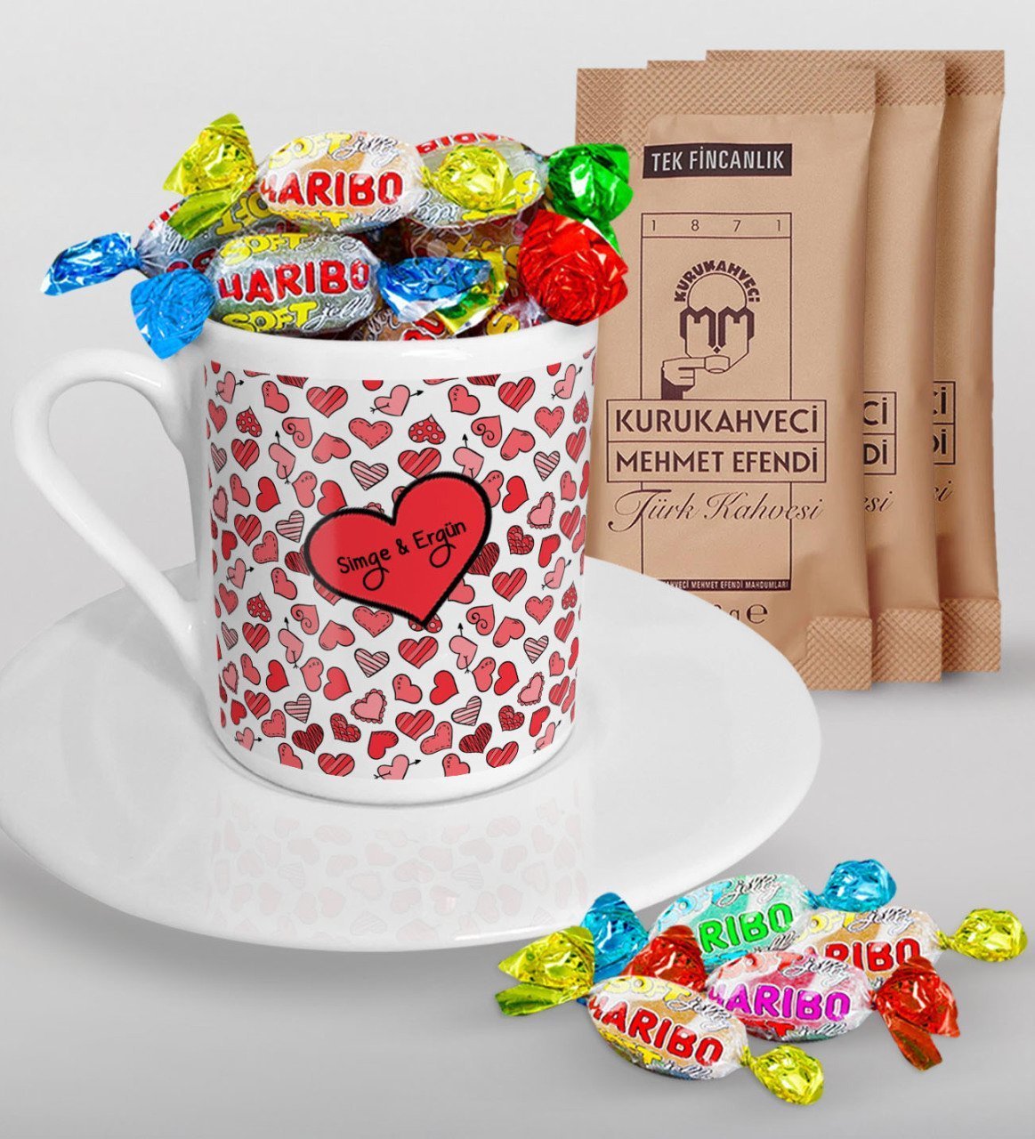 Kişiye Özel Sevgililer Günü Türk Kahvesi Fincanı Mehmet Efendi Kahve ve Haribo Şeker Hediye Seti-48